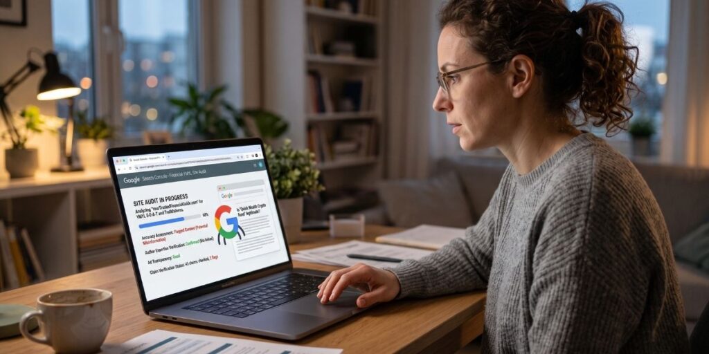 woman at laptop waiting for google to crawl her financial blog