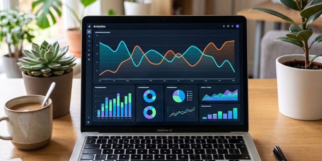 A laptop showing multiple graphs
