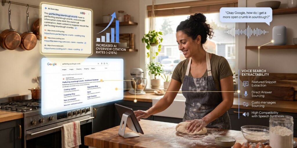 woman baking in her kitchen surrounded by recipe schema advice